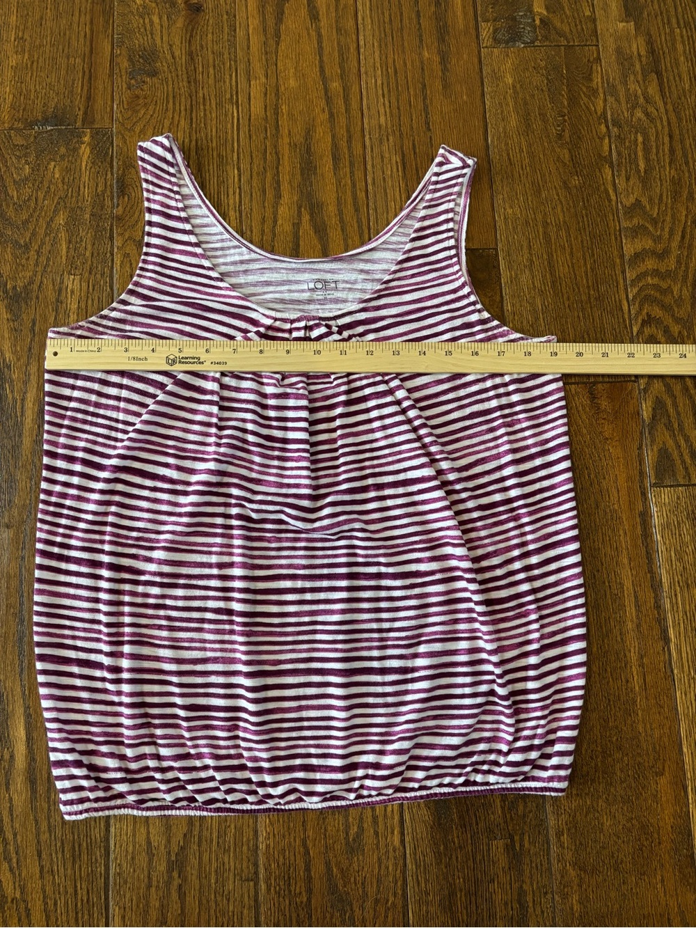 LOFT Striped Tank Top Plum & White | Pleated Neck Sleeveless Blouse | M - Picture 6 of 9